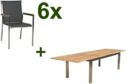 STERN Polaris Esstischgruppe, Silbergrau, Edelstahl/FSC-Teak, Tisch 220/340 X 100 Cm, 6 Stapelsessel