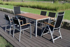 VILLANA Esstischset, Silber/schwarz, Alu/FSC-Akazie, Gartentisch 150 X 90 Cm, 2 Relaxsessel, 4 Stapelsessel