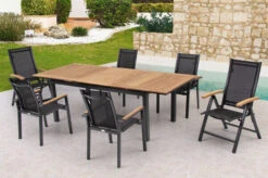 OUTFLEXX Esstischgarnitur, OUTFLEXX® Anthrazit Matt, Alu / Teak / Textil, Tisch 180/240x100cm, 4 Stapelsessel, 2 Multipo