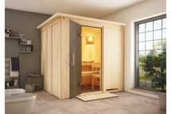 KARIBU Sodin Sauna , Naturbelassen, Fichte, 210x184x202 Cm, Fronteinstieg, Graphitfarbene Tür U.Kranz, Ofen 4,5 KW Integr. Str.