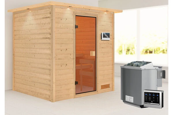 KARIBU Adelina Sauna , Naturbelassen, Fichte, 223x183x191 Cm, Kranz SET, Ofen 4,5 KW Bio Ext. Strg. Easy 1 KARIBU Adelina Sauna , Naturbelassen, Fichte, 223x183x191 Cm, Kranz SET, Ofen 4,5 KW Bio Ext. Strg. Easy