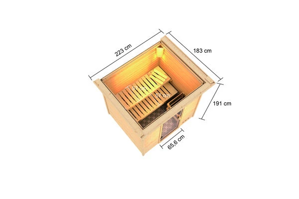 KARIBU Adelina Sauna , Naturbelassen, Fichte, 223x183x191 Cm, Kranz SET, Ofen 4,5 KW Bio Ext. Strg. Easy 5 KARIBU Adelina Sauna , Naturbelassen, Fichte, 223x183x191 Cm, Kranz SET, Ofen 4,5 KW Bio Ext. Strg. Easy – Bild 5