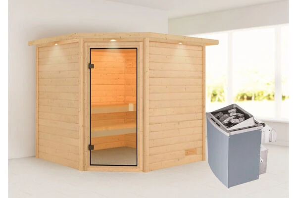 KARIBU Tilda Sauna , Naturbelassen, Fichte, 223x209x191 Cm, Kranz SET, Ofen 4,5 KW Integr. Strg. 1 KARIBU Tilda Sauna , Naturbelassen, Fichte, 223x209x191 Cm, Kranz SET, Ofen 4,5 KW Integr. Strg.
