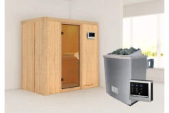 KARIBU Variado Sauna, Naturbelassen, Fichte, 196 X 118 X 198 Cm, Fronteinstieg, Mit Bronzierter Tür, SET Mit Ofen 4,5 KW Ext. Strg. Easy