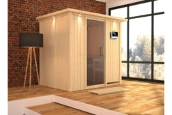 KARIBU Bodin Sauna, Naturbelassen, Fichte, 210 X 165 X 202 Cm, Fronteinstieg,mit Graphitfarbener Tür Und Kranz SETmit Ofen 4,5 KW Ext. Strg. Easy