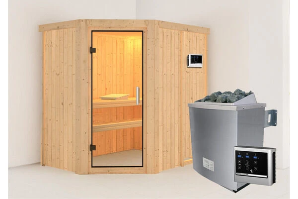 KARIBU Carin Sauna, Naturbelassen, Fichte, 196 X 151 X 198 Cm, Eckeinstieg,mit Klarglastür SETmit Ofen 4,5 KW Ext. Strg. Easy 1 KARIBU Carin Sauna, Naturbelassen, Fichte, 196 X 151 X 198 Cm, Eckeinstieg,mit Klarglastür SETmit Ofen 4,5 KW Ext. Strg. Easy