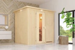 KARIBU Benin Energiespar-Sauna, Naturbelassen, Fichte, 210x165x202 Cm, Mit Kranz Und 3,6 KW Ofen Integr. Steuerung