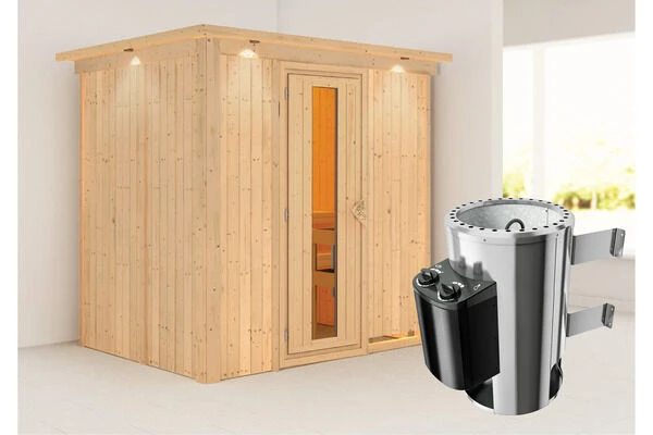 KARIBU Benin Energiespar-Sauna, Naturbelassen, Fichte, 210x165x202 Cm, Mit Kranz Und 3,6 KW Ofen Integr. Steuerung 2 KARIBU Benin Energiespar-Sauna, Naturbelassen, Fichte, 210x165x202 Cm, Mit Kranz Und 3,6 KW Ofen Integr. Steuerung – Bild 2