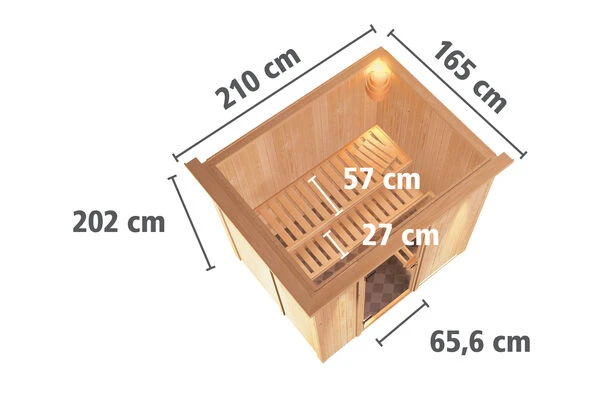 KARIBU Benin Energiespar-Sauna, Naturbelassen, Fichte, 210x165x202 Cm, Mit Kranz Und 3,6 KW Ofen Integr. Steuerung 5 KARIBU Benin Energiespar-Sauna, Naturbelassen, Fichte, 210x165x202 Cm, Mit Kranz Und 3,6 KW Ofen Integr. Steuerung – Bild 5